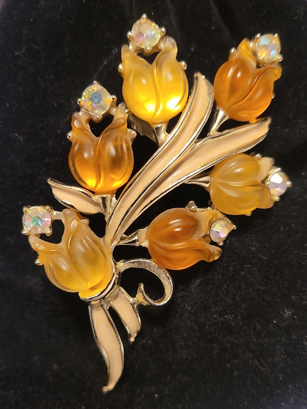 Vintage Brooch Lucite Aurora Borealis Rhinestones Gold